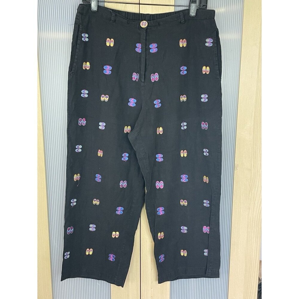 Mureli Linen Pants Sz M/L  Flip Flops Embroidered‎ Women’s  Black Travel Beach